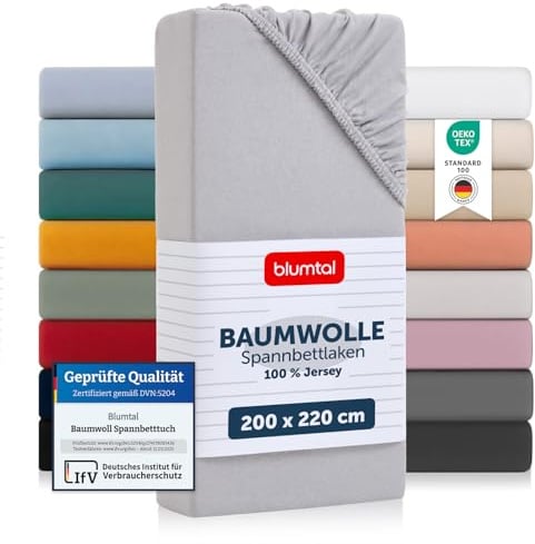 Blumtal® Basics Spannbettlaken 200x220x30cm Jersey - Bettlaken aus 100% Baumwolle - Oeko-TEX zertifiziertes Spannbetttuch 200x220cm - Moonlight Grey