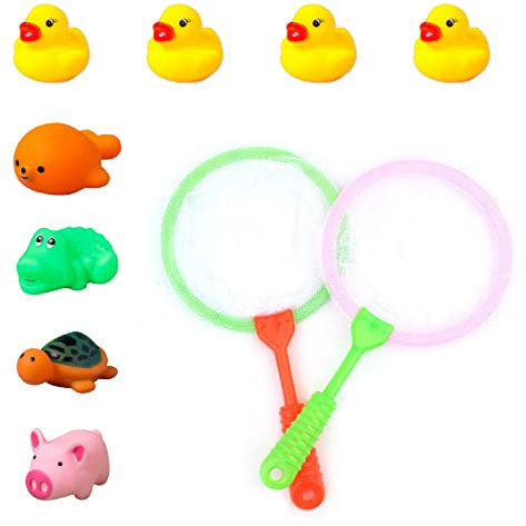 Ensemble de Jouets de Bain avec 2 Outils de Filet de pêche et 8 Mini Animaux en Caoutchouc pour Jeux de Piscine, Jouets Aquatiques, Cadeaux pour garçons et Filles.
