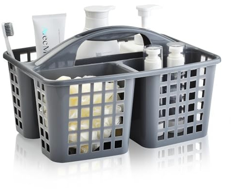 Haundry Cesta de ducha de plástico con 3 compartimentos, organizador de almacenamiento de suministros de limpieza dividido portátil con asa (gris)