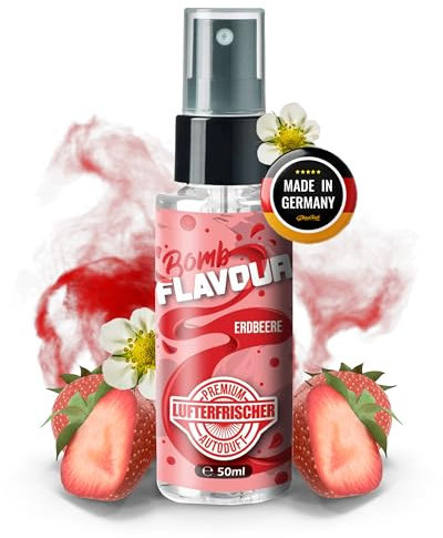 ShinyChiefs FLAVOUR BOMB Erdbeere - Autoduft mit Erdbeer-Geruch - Premium Lufterfrischer und Auto Pafüm für den Innenraum, neutralisiert Gerüche im Auto, hochergiebig, Pumpsprühflasche, 50ml