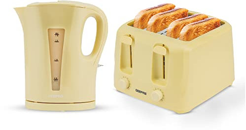 Geepas Cordless Electric Kettle & 4 Slice Bread Toaster Kitchen Combo Set | 1.7L 2200W Fast Boil Kettle |1400W Fast Toaster with 6 Level Browning Control | 2 Year Warranty, Beige