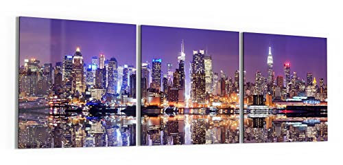DEQORI Glasbilder Echtglas | Motiv Manhattan gespiegelt | horizontal 3-teilig 150x50 cm | große XXL Deko | Wandbilder für Wohnzimmer, Schlafzimmer, Flur & Küche | moderne Wanddeko