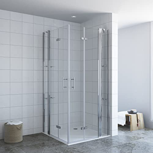 Duschkabine 100x90 cm Eckeinstieg Falttüren an Festteilen Eckdusche mit Duschtür Doppeltür Pendeltür Drehfalttür rahmenlose Eckduschwand Glas Eckablage Eckregale für Duschwanne Bodengleiche Dusche