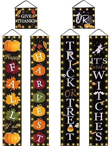 3 Stück beleuchtetes Thanksgiving-Banner Happy Fall Harvest und Halloween Trick or Treat Hexen Banner Thanksgiving Halloween Day Veranda Schild Hängeschild für Herbst Dekorationen Outdoor
