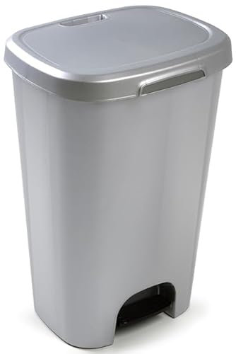 Muddy Hands 50 Litre Plastic Foot Pedal Bin Large Tall Slim Kitchen Rubbish Recycling Waste Dustbin (Silver)