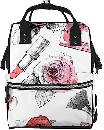 Vintage Rose Blumen Lippenstift Parfüm Make-up Pinsel Muster Schultasche Wickeltasche Rucksack Wasserdicht Multifunktions Mode Reisetasche, Stilltasche, mehrfarbig, One size