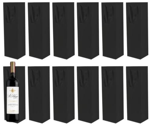 Kraft Paper Single Wine Bottle Carrier Bags with Handle - Pack of 12, Champagne Gift Bags for Christmas, Wedding, Party, Birthdays (Black)