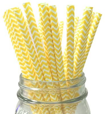 Berto Paper Straws 25pcs, Biodegradable Recyclable Drinking Straws for Wedding | Birthday Party Straws for Cocktail, Holiday, Coffee, Soda, Baby Shower Suppliers. (White Yellow Chevron)