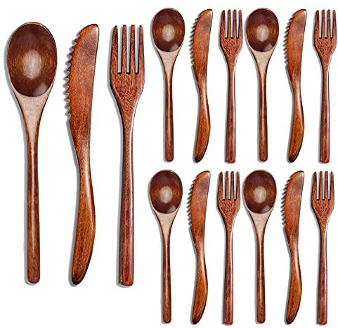 Yuemsh 15 Pcs Wooden Spoon, Fork, Knife Cutlery Set - Dinner Utensil Set, Kitchen Flatware Tableware