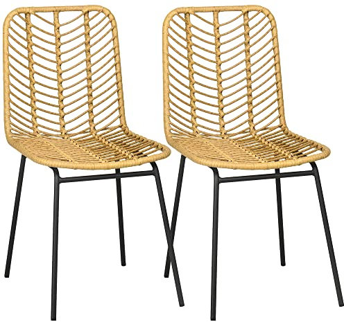 HOMCOM Pack de 2 Sillas de Comedor de Ratán Sintético Sillas de Cocina de Mimbre con Patas de Acero para Salón Dormitorio Carga 120 kg 44x58x85 cm Natural