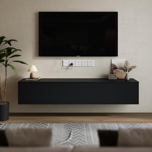 Warmiehomy Floating TV Unit Wall Mounted TV Unit with Two Baffles Media Wall Units for Living Room (Black, 160cm)