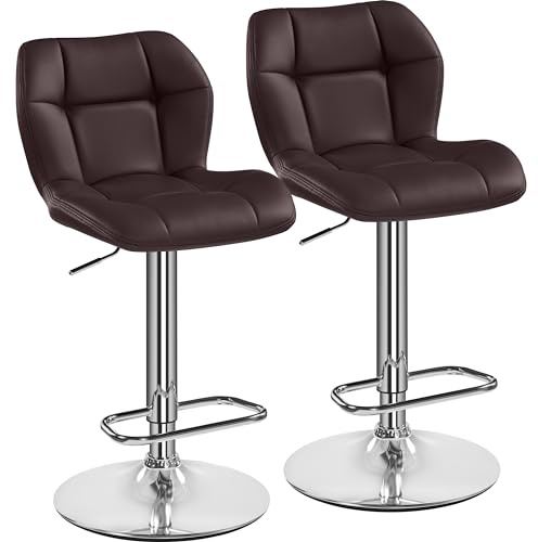 Yaheetech Set of 2 Adjustable Swivel Bar Stools w/Backrest, Brown | 360° Swivel, Shell-shaped backrest Leather Breakfast Bar Chairs Fits Multiple Heights, for Home Kitchen, Dining, Restaurant