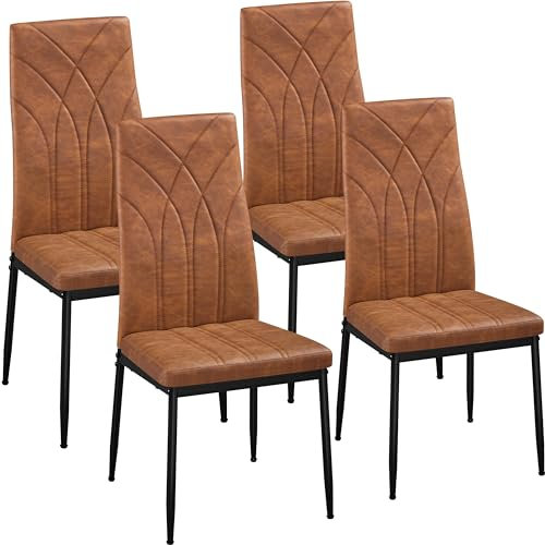 Yaheetech Set of 4 Dining Chairs Modern Faux Leather Kitchen Chairs with Petal Accented Back and Sturdy Metal Legs for Dining Room, Kitchen, Retro Brown