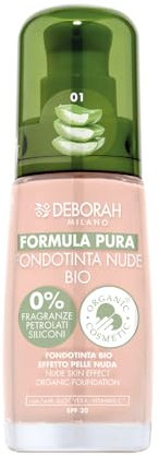 Deborah Milano Foundation Formula Pure Nude Bio Nr. 01 Ivory, mit Vitamin C und Aloe Vera, LSF 20, flüssige Textur mit mittlerer Deckkraft, für einen gleichmäßigen, strahlenden und samtigen Teint