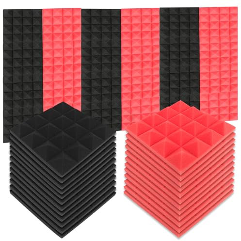 24 Stück Akustikschaumstoff,25x25x5cm Akustische Schaumstoffplatte Hochdichte Schallabsorber Wand für Tonstudio,Büro,Spielzimmer (12x Schwarz + 12x Rot)