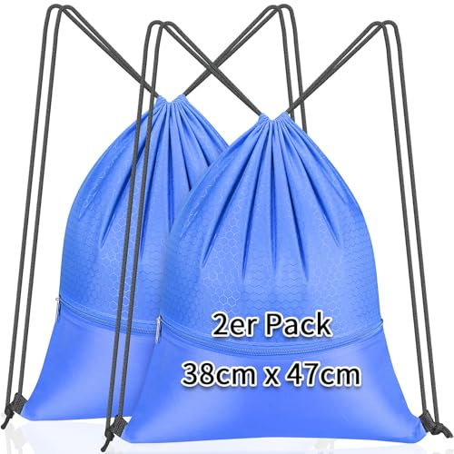 KOOOGEAR 2 Stück Turnbeutel 38 x 47 cm, Kordelzug Sportbeutel, Turnbeutel mit Reissverschluss für Gym Fitness Schulturnhalle Reisen Schwimmen Strandurlaub Damen und Herren
