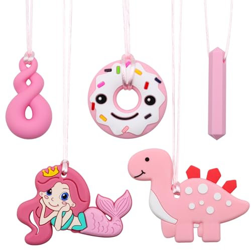 ZOCONE 5 Stück Kaukette für Kinder Silikon Beißkette Kinder Mädchen Süße Dino Meerjungfrau Donut Kauen Halskette Autismus Sensory Chew Halskette Silikon Anhänger zum Kauen Rosa Kauanhänger für Kinder