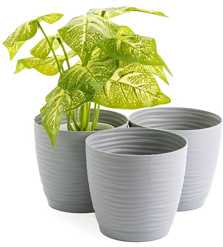 Home Garden Ornaments Pflanzentopf für Zimmerpflanzen – 3er Set Blumentöpfe aus Kunststoff mit Wellenstruktur, Drainagelöchern & integriertem Untersetzer – für Innen & Außenbereich (15 cm, grau)