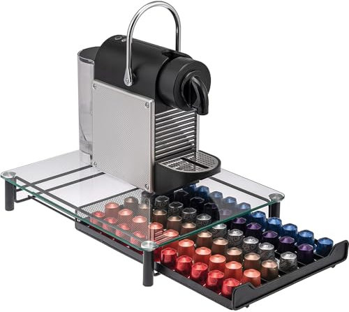 Paluplus Cassetto Portacapsule in Metallo e Vetro da 40 Capsule, Misura 23,5x40x7 cm, Supporto per Macchina da Caffè, Piedini Antiscivolo e Antigraffi, Dispenser Cialde e Capsule -5975F
