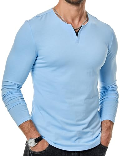 Meilicloth Mens Long SleeveT Shirts Henley T Shirt Casual Solid Pullover V Neck Top for Men Blue XXL