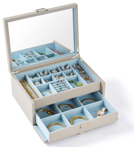 Vee Schmuckkästchen,Schmuckaufbewahrung mit großer Spiegel,2 Ebenen Schmuckschatulle Schmuckkasten mit Deckel,PU Leder Schmuck Organizers mit Schubladen,Geschenkbox für Damen Mädchen(Grau)