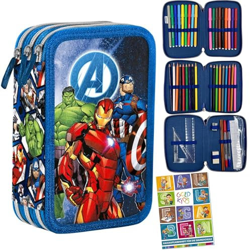 Goldkids - Federmäppchen 3 Fächer - Mäppchen für Mädchen und Jungen - Federmappe 3-Fach Federtasche Gefüllte Schüleretui 43-teilig - Schulmäppchen und Hausaufgabenheft - Avengers Motiv
