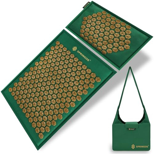 SPRINGOS Akupressurmatte mit Kissen Massage-Matte 65 x 40 cm aus Leinen mit Kokosnuss-Faser, Tragetasche, Druckpunkte für Ganzkörpermassage, Lotusblumen-Design in Grün und Gold