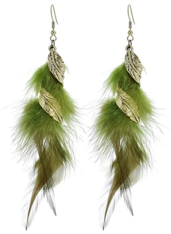 fdsmall Feder Ohrringe für Frauen - Böhmische Fransen Quaste Lange Tropfen Dangle Set - Ethnische Bunte Faux Feder Ohrringe (Green)