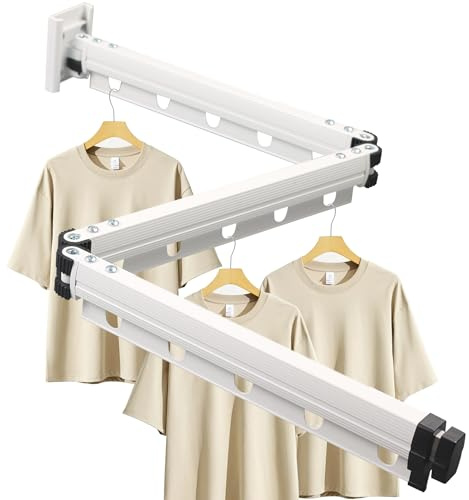 Gemsaya Ausziehbarer Wäscheständer, 3-Fach Gefaltet Wandmontage Kleiderstange 126cm, Platzsparend Einziehbarer Faltbar Kleiderständer mit Haken, Faltbar für Balkon, Wäsche, Badezimmer, Weiß