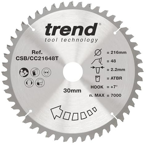 Trend Wood Cordless ATBR Mitre Saw Blade, 216mm Diameter, 30mm Bore, 48 Teeth, 2.2mm Kerf, +7° Hook, TCT, Fine Finish, CSB/CC21648T