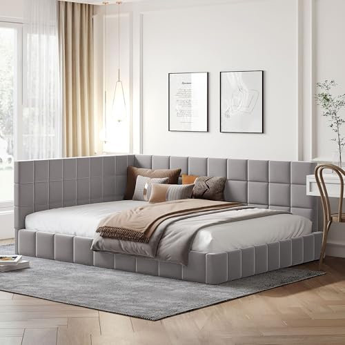 MQGPM Polsterbett Schlafsofa 140x200 cm mit Rückenlehne, L-förmiger Tagesbett mit Lattenrost, Bettgestell aus Samtstoff, Gästebett Jugendbett, ohne Matratze, Grau