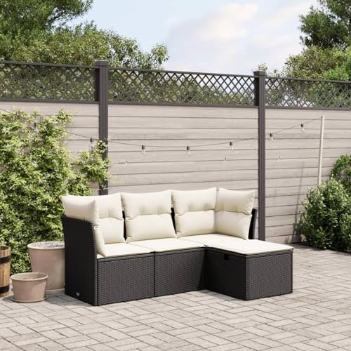IKAYAA 4-TLG Rattan Balkonlounge Gartenlounge Set Gartenmöbel Klein Sofagarnitur Balkon Loungemöbel Rattan Ecklounge Gartensofa Balkon Sofa mit Kissen Schwarz und Creme