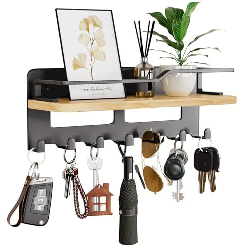 Yorbay Schlüsselbrett mit Ablage aus Holz: Multifunktionales Schlüsselboard für die Wand mit 7 Haken – Platzsparender Schlüsselhalter für Eingang, Flur, Schlafzimmer, Wohnzimmer