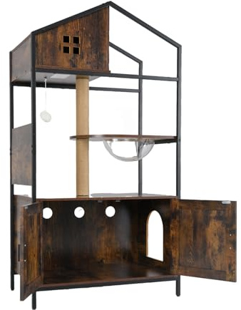 GOPLUS Arbre à Chat avec Meuble Litière pour Chats, Poteaux Griffoir en Sisal, Arbre à Chats Bois avec Niche et Capsule Spatiale, Structure Métallique Style Industriel, 80 x 48 x 150 cm