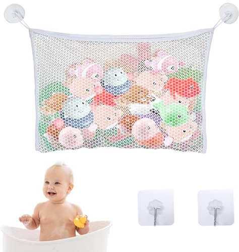 DIPZO Badewannen-Spielzeug-Aufbewahrungsnetz (35x45cm) mit Saugnäpfen & Klebehaken, Organizer für Kinder-Badewannenspielzeug, Netz zur Badezimmer-Aufbewahrung, Babyspielzeug-Tasche