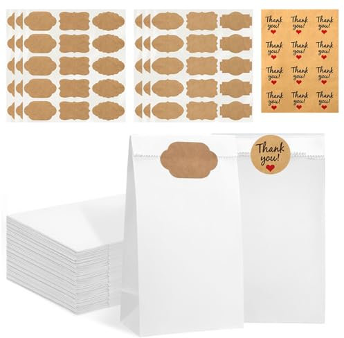 Vyuwast Papiertüten Weiß 100Stk Kraftpapier Tüten 18 x 9 x 5.5 cm Bodenbeutel mit 3 verschiedenen Aufkleber Mitgebsel Tüten Klein für Kekse,Brot, Süßigkeiten, Spielzeug