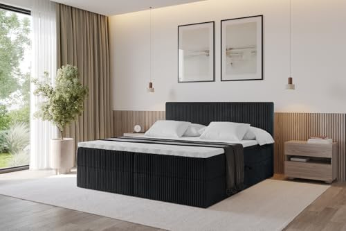 ALTDECOR Boxspringbett mit Matratze und Lattenrost, Topper, Polsterbett mit Bettkasten, Bett mit Stauraum H4-Matratze, Doppelbett, Boxbett - TOLO 200x200 Cord - Schwarz