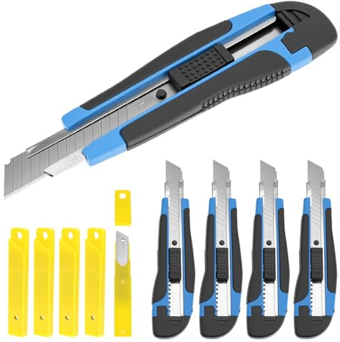 QWORK® Lot de 5 Cutters Professionnels 18mm avec 50 Lames SK5 - Couteau Utilitaire Rétractable
