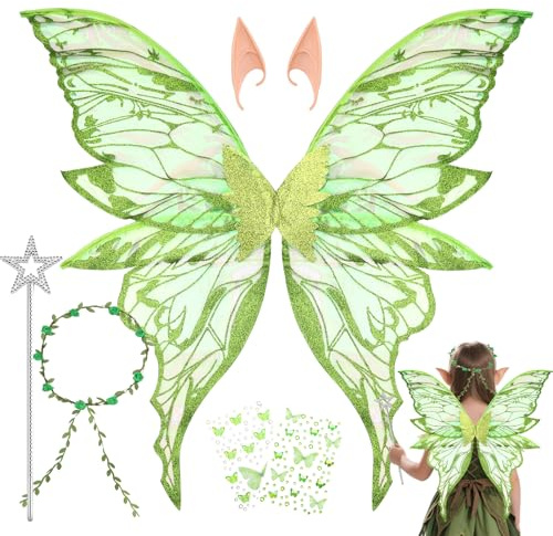 IIRC Fairy Wings Costume, Feenflügel Kinder Erwachsene, Schmetterlingsflügel für Karneval Geburtstag Halloween Weihnachten Rollenspiele Comic Con Themed Party (Hellgrün)