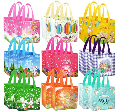 18 Stück Ostertüten Geschenktüten Kinder mit Griffen, Wiederverwendbare Geschenktüten Ostern Eiersuche, Non-Woven Ostertüten zum Befüllen Verpacken Partyzubehör (O)