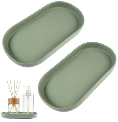 2 Bandejas Decorativas de Cerámica Ovaladas, 18,8 x 10 cm, Verde | Para baño, Bandeja cosmética pequeña, Para tocador, lavabo, dormitorio, cocina, salón