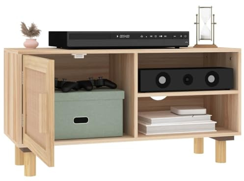 Vorpalize TV-Schrank Braun 80x30x40 cm, Massivholz Kiefer und Natur-Rattan Lowboard mit 3 Fächern, stabiles Medienschrank für Wohnzimmer