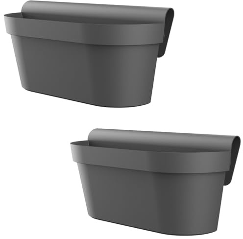 Engelland - 2 x Balkonkasten für Geländer & Zaun, Anthrazit, Blumentopf mit Wasserspeicher, Blumenkasten zum EIN-Hängen, Balkontopf, Pflanzkasten, 49 x 20,5 x 23 cm, Außenbereich, Kunststoff