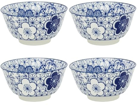 Carousel Home Set of 4 Japanese Style Blue and White Ceramic Bowls, 11.5cm Footed Tapas Snack Bowls with Indigo Chinoiserie Pattern - Design Varies