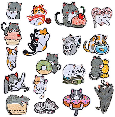 Bügelflicken Kinder, 18 Stück Katze Flicken zum Aufbügeln, Aufnäher zum Aufbügeln, Patches zum Aufbügeln, Applikation Flicken Zum Aufbügeln, Patch Sticker Kleidung für Kleidung Jacken Rucksäcke Jeans