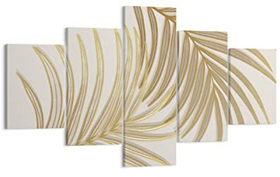 Moderne Impression sur Toile Or Feuilles Palmiers Image Tableau Decoration Murale 125x70cm Deco Cadre Décoration Salon Chambre Triptyque 5 parties Tableaux Decoratifs Muraux Art Wall EA125x70-4738