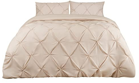Highams Diamond Pintuck Duvet Cover with Pillowcase Luxury Pinch Pleat Bedding Set, Beige – King