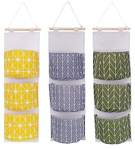 3 PCS Wall Hanging Storage Bag with 3 Pockets, Waterproof Linen Fabric Wall-mounted Storage Organizer, Over the Door Closet Storage Hanging Pocket for Bedroom Bathroom (Gray+Green)