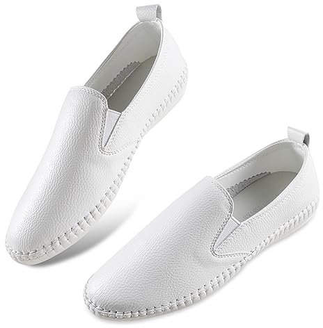 MACHSWON Women's Dressy Flats Comfortable Round Toe White Leather Pumps Slip On Soft Casual Work Office Flats(White, Size 4)