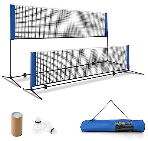 COSTWAY Filet de Badminton Portable 4,2M avec Raquettes, Set de Badminton à Hauteurs Réglable avec 2 Volants Repose-Pieds Coussinets de Serrage Sac de Transport, pour Jardin Plage